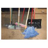 Lot of 7 Cleaning Tools Including Squeegee, Mop, Brooms and Snow Shovel