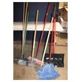 Lot of 7 Cleaning Tools Including Squeegee, Mop, Brooms and Snow Shovel