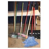 Lot of 7 Cleaning Tools Including Squeegee, Mop, Brooms and Snow Shovel