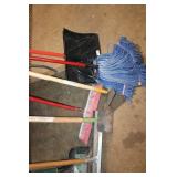 Lot of 7 Cleaning Tools Including Squeegee, Mop, Brooms and Snow Shovel