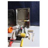 Painting Tools and Supplies Lot with Trays, Rollers, Brushes, and Taping Knife