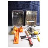Painting Tools and Supplies Lot with Trays, Rollers, Brushes, and Taping Knife