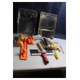 Painting Tools and Supplies Lot with Trays, Rollers, Brushes, and Taping Knife