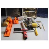 Painting Tools and Supplies Lot with Trays, Rollers, Brushes, and Taping Knife