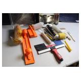 Painting Tools and Supplies Lot with Trays, Rollers, Brushes, and Taping Knife