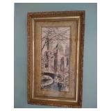 Tall Charcoal Drawing in Antique Gold Wood Frame w/ Textured Mat Tall Charcoal Drawing in Antique Gold Wood Frame w/ Textured Mat