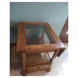Oak Side Table w/Glass Top & Fold Down Leaves Oak Side Table w/Glass Top & Fold Down Leaves