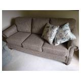 Tan Upholstered Sofa & Pillows in Excellent Condition