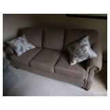 Tan Upholstered Sofa & Pillows in Excellent Condition