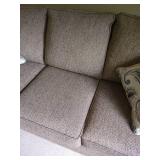 Tan Upholstered Sofa & Pillows in Excellent Condition