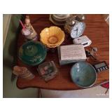 Misc. Table Top Lot of Decor: Pottery, Clocks, Mini Locks, Etc. Misc. Table Top Lot of Decor: Pottery, Clocks, Mini Locks, Etc.