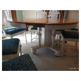 Vintage Pedestal Table w/ Casters, Six Chairs & Three Leaves Vintage Pedestal Table w/ Casters, Six Chairs & Three Leaves