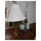 Three Lamps- Stained Glass & Pair of Tall Glass & Brass Lamps Three Lamps- Stained Glass & Pair of Tall Glass & Brass Lamps