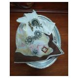 Silver Plate Dish w/ Handkerchief, Gloves & Brooches Silver Plate Dish w/ Handkerchief, Gloves & Brooches