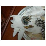 Silver Plate Dish w/ Handkerchief, Gloves & Brooches Silver Plate Dish w/ Handkerchief, Gloves & Brooches