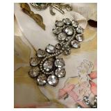 Silver Plate Dish w/ Handkerchief, Gloves & Brooches Silver Plate Dish w/ Handkerchief, Gloves & Brooches