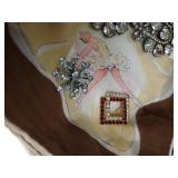 Silver Plate Dish w/ Handkerchief, Gloves & Brooches Silver Plate Dish w/ Handkerchief, Gloves & Brooches