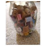 Jar of Threads, Wooden Spools, Grommet Pliers, Snaps, Etc Jar of Threads, Wooden Spools, Grommet Pliers, Snaps, Etc