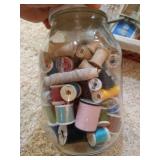 Jar of Threads, Wooden Spools, Grommet Pliers, Snaps, Etc Jar of Threads, Wooden Spools, Grommet Pliers, Snaps, Etc