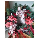 Tall Christmas Tree Topiary, Three Large Wreaths Tall Christmas Tree Topiary, Three Large Wreaths