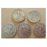 (5) Walking Liberty Half Dollars (5) Walking Liberty Half Dollars