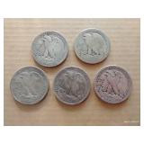 (5) Walking Liberty Half Dollars (5) Walking Liberty Half Dollars