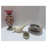 Misc. Lot Hand painted Vase 6", Mis Match Cup and Saucer and Dove