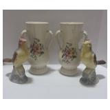 Two Vintage Bird Figurines and Two Royal Copley Vases
