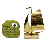 Religious Statue Bundle (2) Stone Plaque // Brass Sailboat Sculpture with Script Religious Statue Bundle (2) Stone Plaque // Brass Sailboat Sculpture with Script