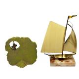 Religious Statue Bundle (2) Stone Plaque // Brass Sailboat Sculpture with Script Religious Statue Bundle (2) Stone Plaque // Brass Sailboat Sculpture with Script