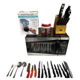 Kitchen Bundle:  Microwave / Nostalgia Single Serve Coffee Maker / Knife Block / Mixed Knife and Spoons / Chef Kitchen Bundle:  Microwave / Nostalgia Single Serve Coffee Maker / Knife Block / Mixed Knife and Spoons / Chef