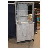 Modern Gray Bar Cabinet with Glass Shelves and Wine Storage