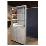 Modern Gray Bar Cabinet with Glass Shelves and Wine Storage