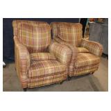 Pair of Plaid Upholstered Armchairs with Cushions