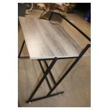 Compact Computer Desk with Black Metal Frame and Wood Grain Top