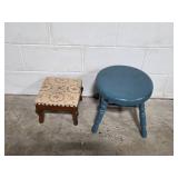 Pair of Vintage Wooden Footstools - Upholstered and Painted Wood Pair of Vintage Wooden Footstools - Upholstered and Painted Wood