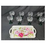 Set of 8 Green Stem Glass Goblets with Floral Serving Tray Set of 8 Green Stem Glass Goblets with Floral Serving Tray