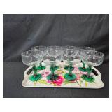 Set of 8 Green Stem Glass Goblets with Floral Serving Tray Set of 8 Green Stem Glass Goblets with Floral Serving Tray