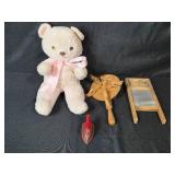 Vintage Toy Collection with Teddy Bear, Mini Washboard, Red Iron, and Folk Spinner