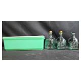 Set of Green Embossed Glass Bottles with Corks and Vintage Tupperware Container