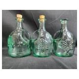 Set of Green Embossed Glass Bottles with Corks and Vintage Tupperware Container