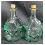 Set of Green Embossed Glass Bottles with Corks and Vintage Tupperware Container