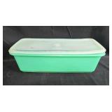 Set of Green Embossed Glass Bottles with Corks and Vintage Tupperware Container