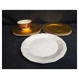 Set of Gold Tone Plastic Charger Plates, 1 White Plate, and Decorative Red Bowl