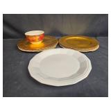 Set of Gold Tone Plastic Charger Plates, 1 White Plate, and Decorative Red Bowl