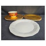 Set of Gold Tone Plastic Charger Plates, 1 White Plate, and Decorative Red Bowl