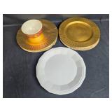 Set of Gold Tone Plastic Charger Plates, 1 White Plate, and Decorative Red Bowl