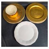Set of Gold Tone Plastic Charger Plates, 1 White Plate, and Decorative Red Bowl