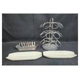 Metal Taco/Toast Rack, Chrome Keurig Pod Stand, and Pair of Ceramic Platters