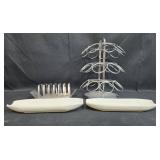 Metal Taco/Toast Rack, Chrome Keurig Pod Stand, and Pair of Ceramic Platters